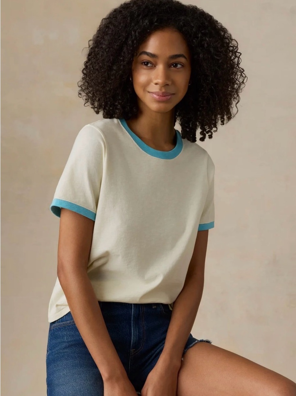 Faherty- Organic Cotton Pale Yellow Tee with Teal Trim